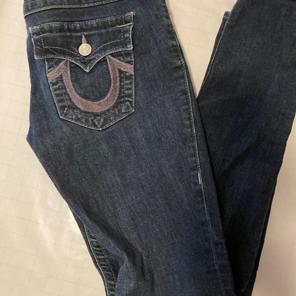 True Religion Skinny Denim Jeans Blue Denim Purple Glitter Logo Size 29 …